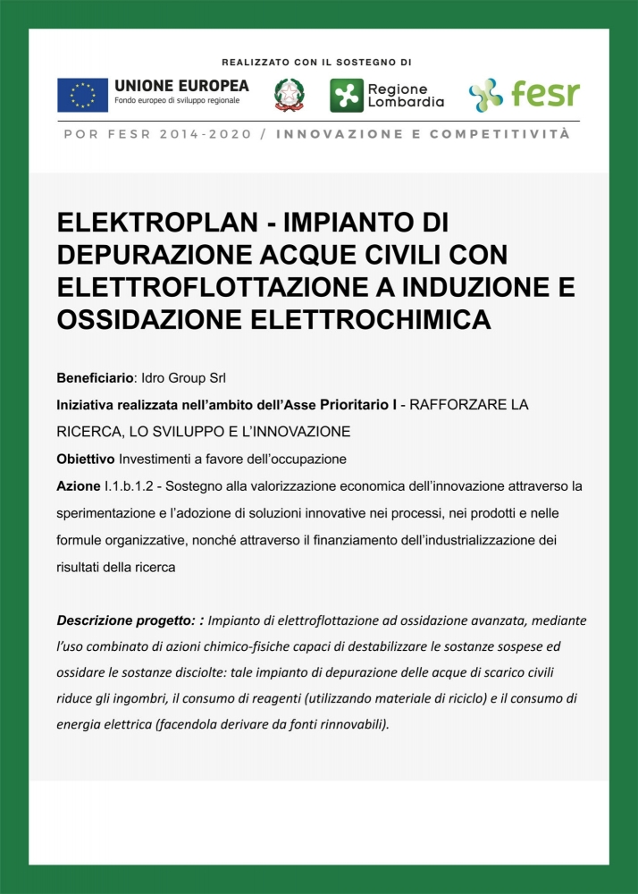 ELEKTROPLAN - IMPIANTO DI DEPURAZIONE ACQUE CIVILI CON ELETTROFLOTTAZIONE A INDUZIONE E OSSIDAZIONE ELETTROCHIMICA